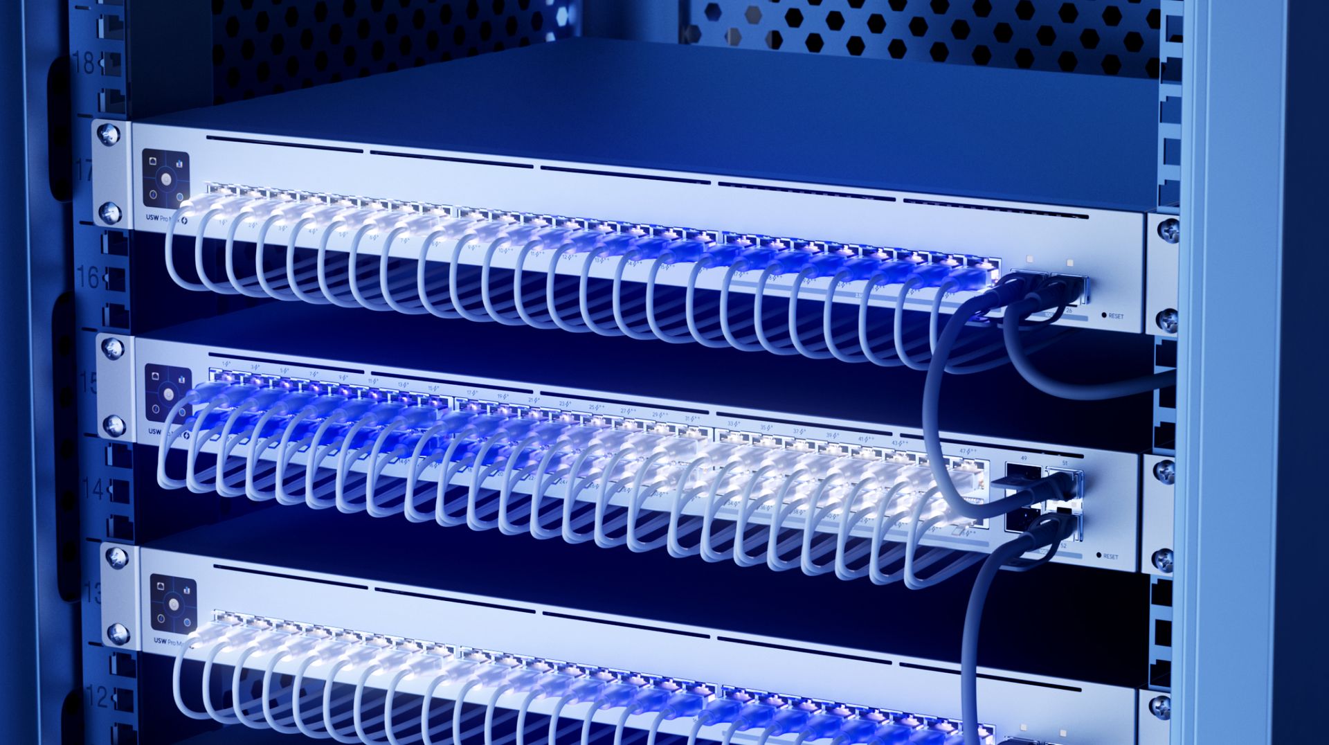 Rack-mounted patch panel and structured cabling for audio-over-IP