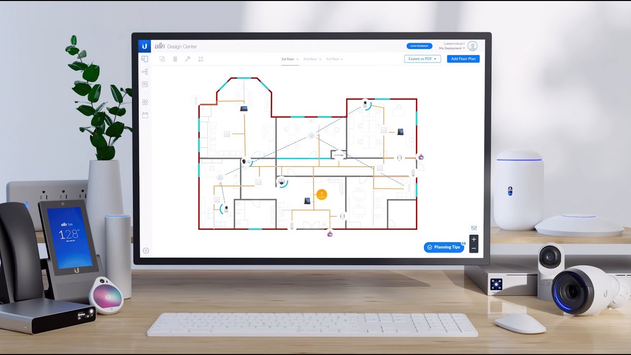 System layout being designed on screen next to a wireless access point
