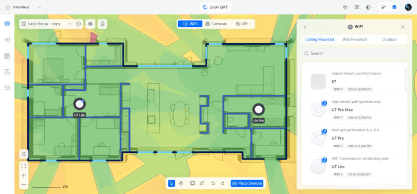 Wireless coverage heat map over a building floor plan